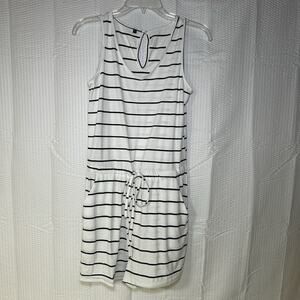 White Romper Jumpsuit Preppy Black Stripe Shorts Scoop Neck Women's S Tie Pocket